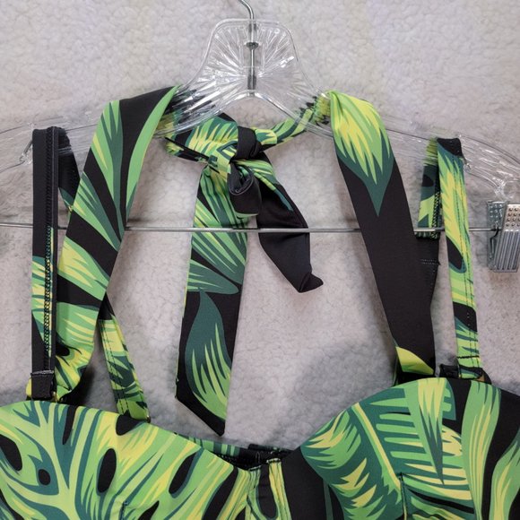 High Dive ModCloth Green Leaf Tropical Halter Retro Style Swim Top Swimwear - Picture 2 of 13
